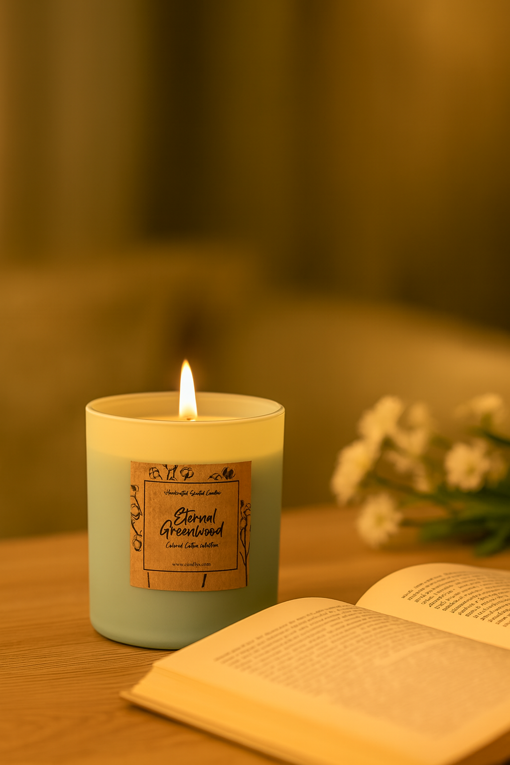 Vela Eternal Greenwood da Candlys acesa sobre uma mesa de madeira clara, ao lado de um livro aberto e flores brancas. A luz quente e suave cria uma atmosfera calma e acolhedora, ideal para momentos de relaxamento e bem-estar natural.