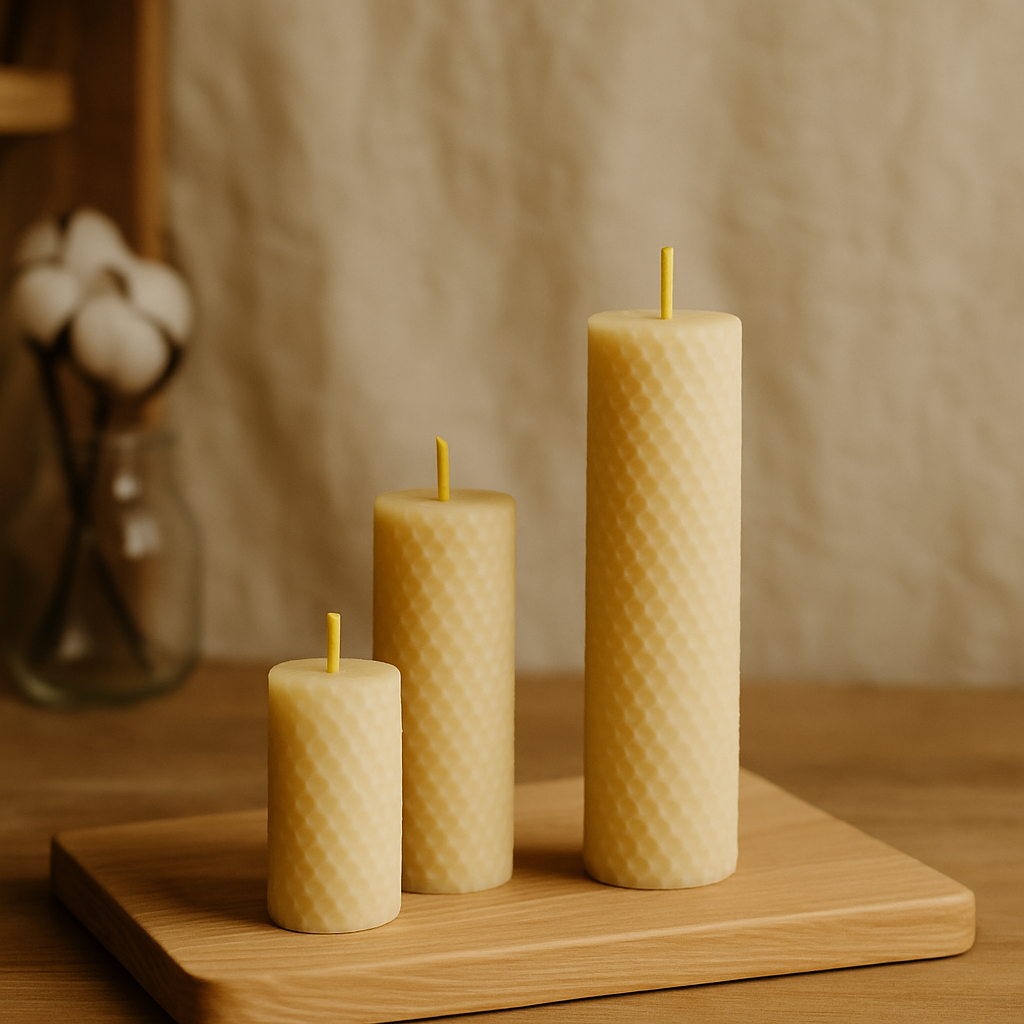 Três velas artesanais de cera de abelha em diferentes alturas, com textura em favo de mel, colocadas sobre uma tábua de madeira num ambiente de atelier artesanal desfocado, com luz natural e tons quentes — Candlys.