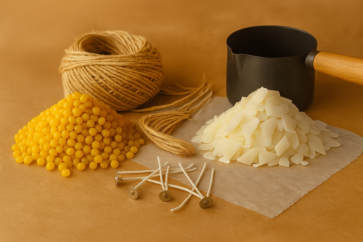 Materiais para fabrico de velas artesanais sobre fundo kraft, incluindo cera de abelha em pérolas e em flocos, pavios, fio de juta e fervedor preto com cabo de madeira.