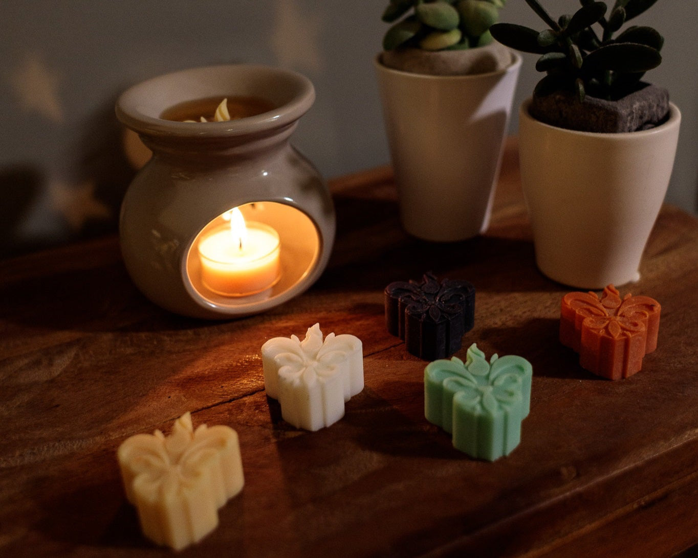 Queimador de cerâmica com vela acesa e ceras aromáticas coloridas da Candlys em forma de flor-de-lis, sobre mesa de madeira, com duas plantas suculentas ao fundo.