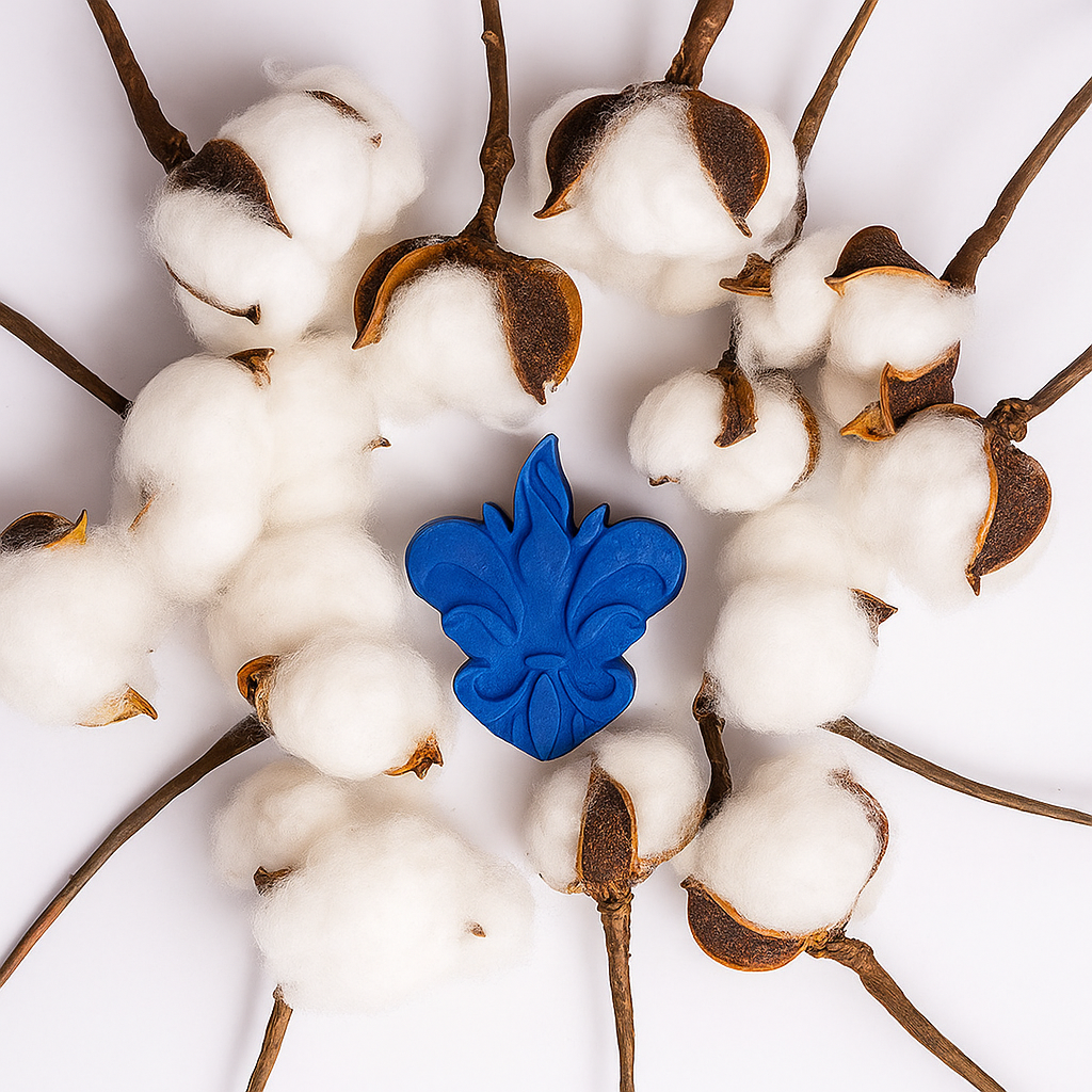 Wax melt azul em forma de flor-de-lis, rodeado por ramos de algodão natural, representando o modelo Spice Crown da Coleção Algodão Colorido da Candlys, com notas aromáticas de Pimenta da Jamaica e Patchouli.