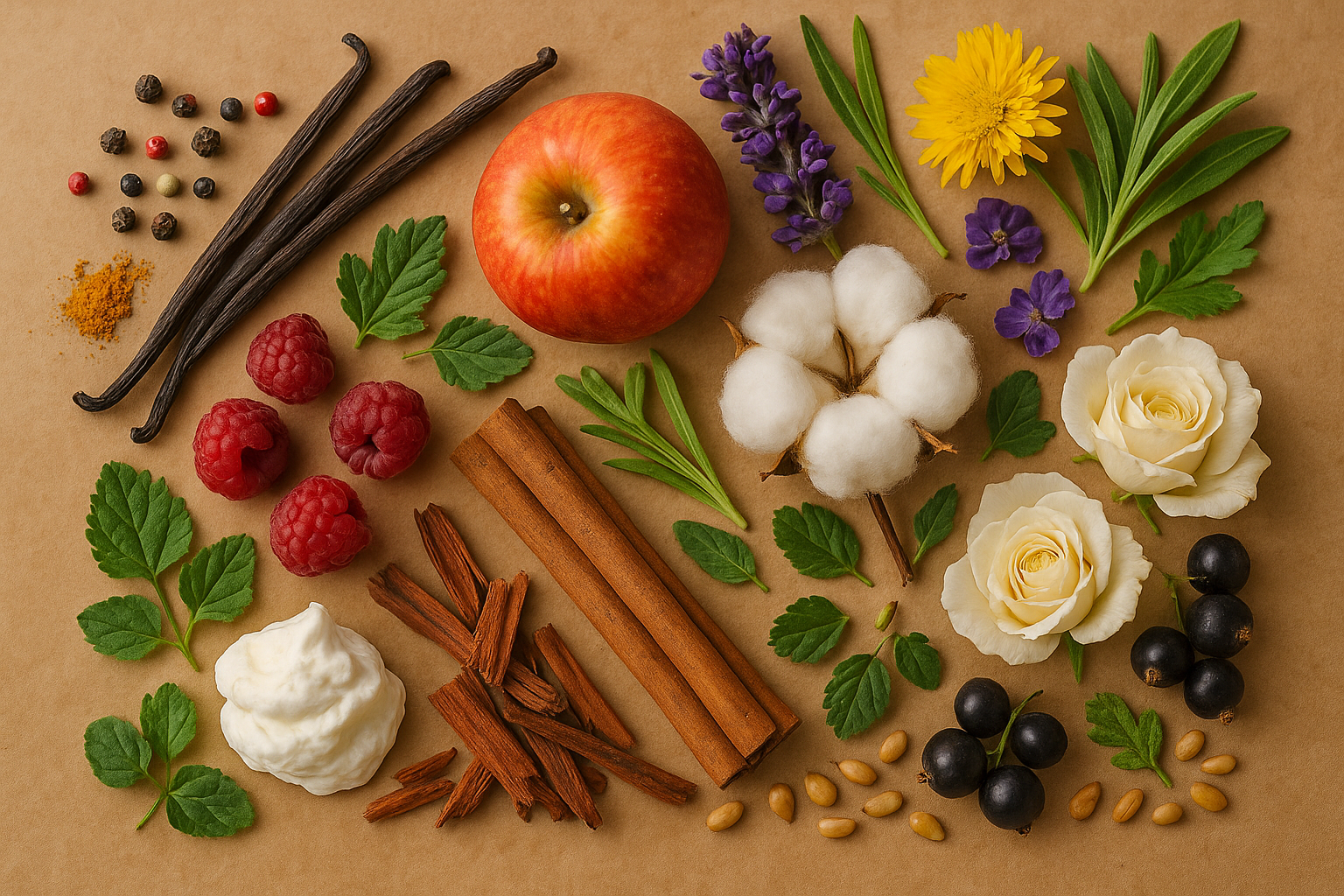 Wax melts de fragrância combinada, representados por maçã, framboesas, groselha preta, rosas brancas, algodão, flores campestres, baunilha, canela, sândalo, pimenta, coco, citrinos e ervas frescas, evocando um aroma rico, equilibrado e envolvente.