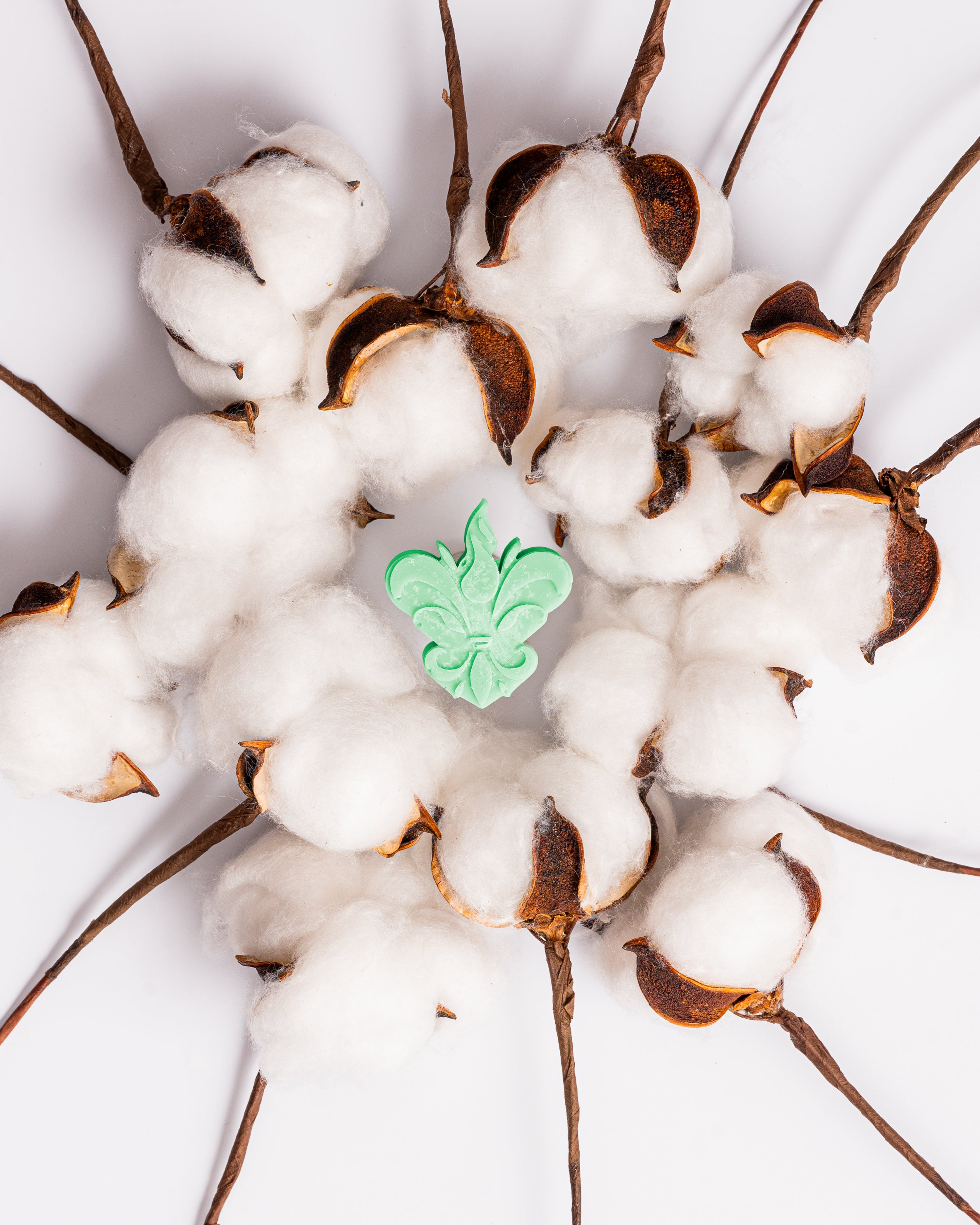Wax melts Patchouli & Ylang-Ylang representados por cápsulas de algodão branco em contraste com um detalhe verde, evocando uma fragrância exótica, floral e envolvente.