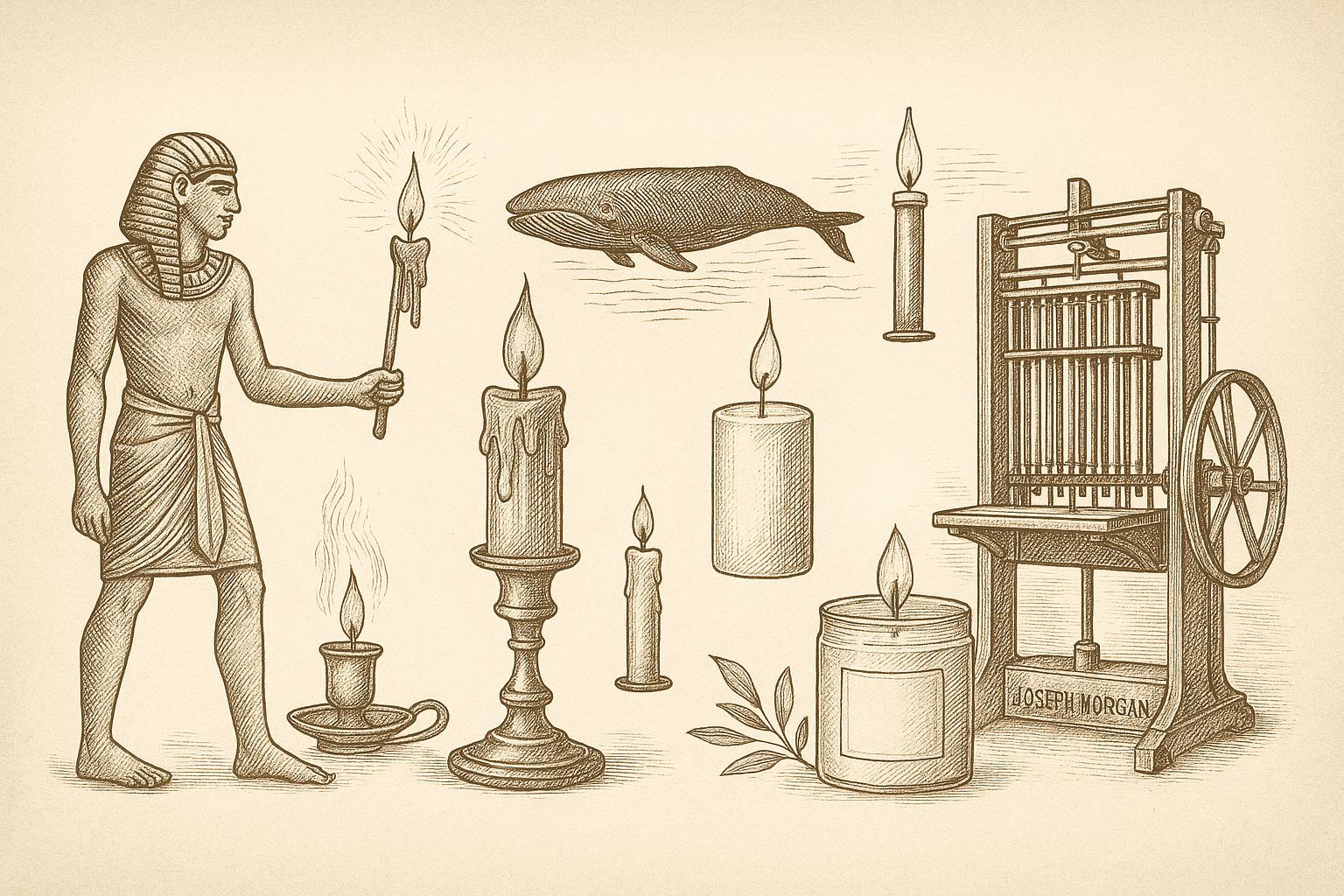 Ilustração da história das velas, desde o Antigo Egito à cera de baleia, parafina e máquina de moldagem, mostrando a evolução desta indústria até às velas artesanais.
