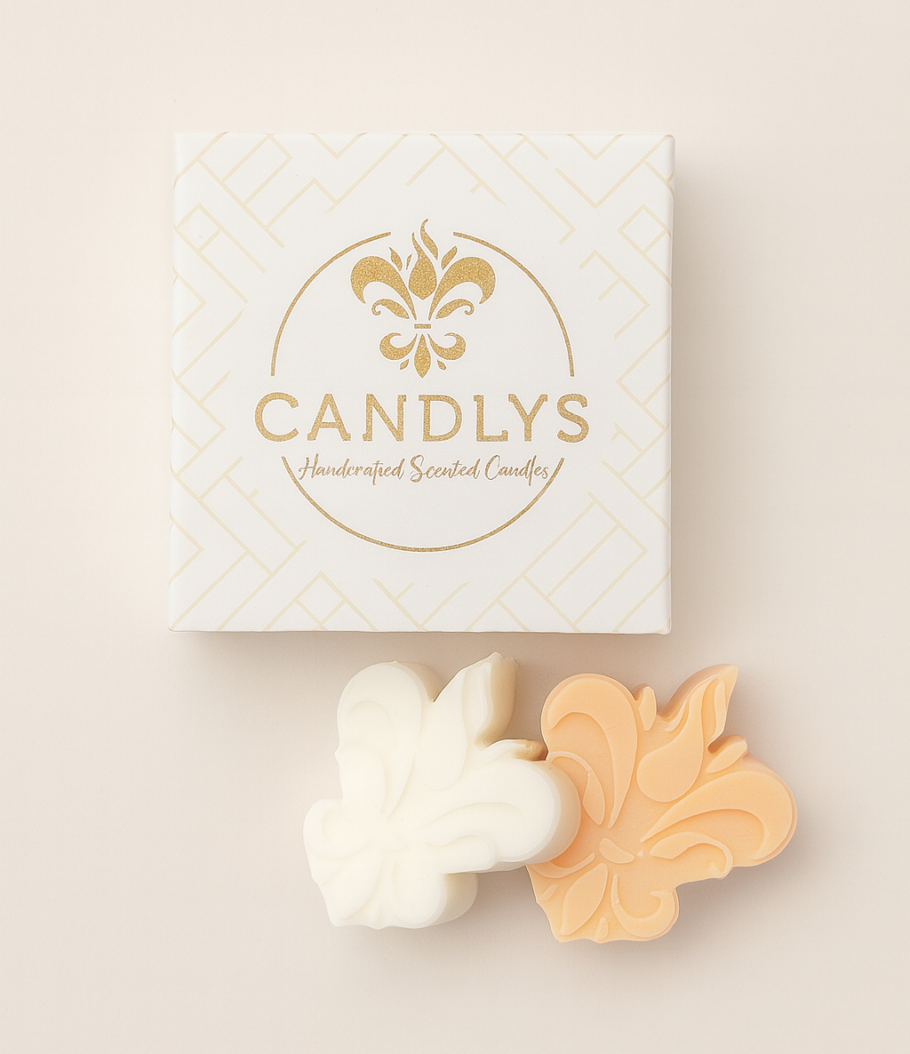 Caixa Candlys com logótipo dourado e dois wax melts em destaque à frente.