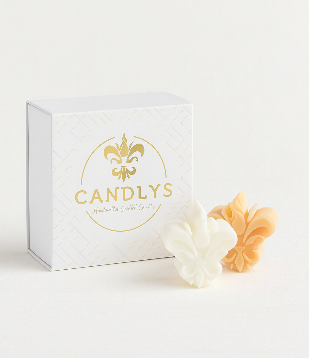 Caixa vertical Candlys com dois wax melts (branco e bege) apresentados em fundo claro.