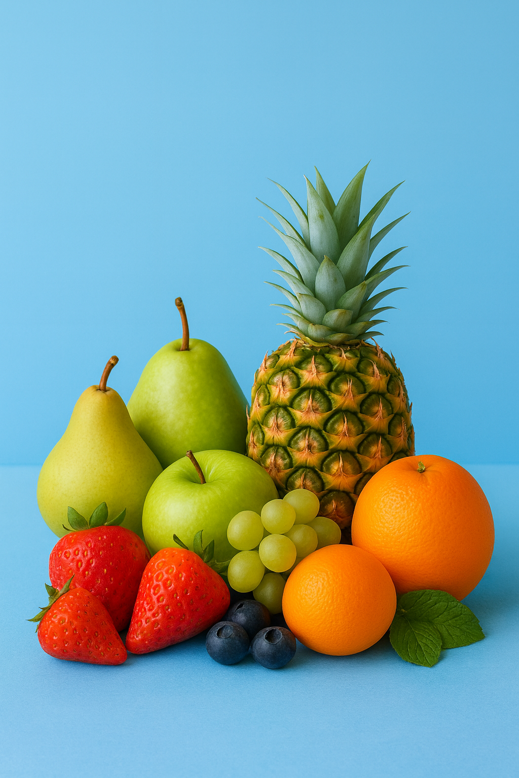 Difusor de aromas Candlys inspirado em campo tropical, representado por ananás, laranjas, pêras, maçã verde, uvas, morangos e mirtilos frescos sobre fundo azul.