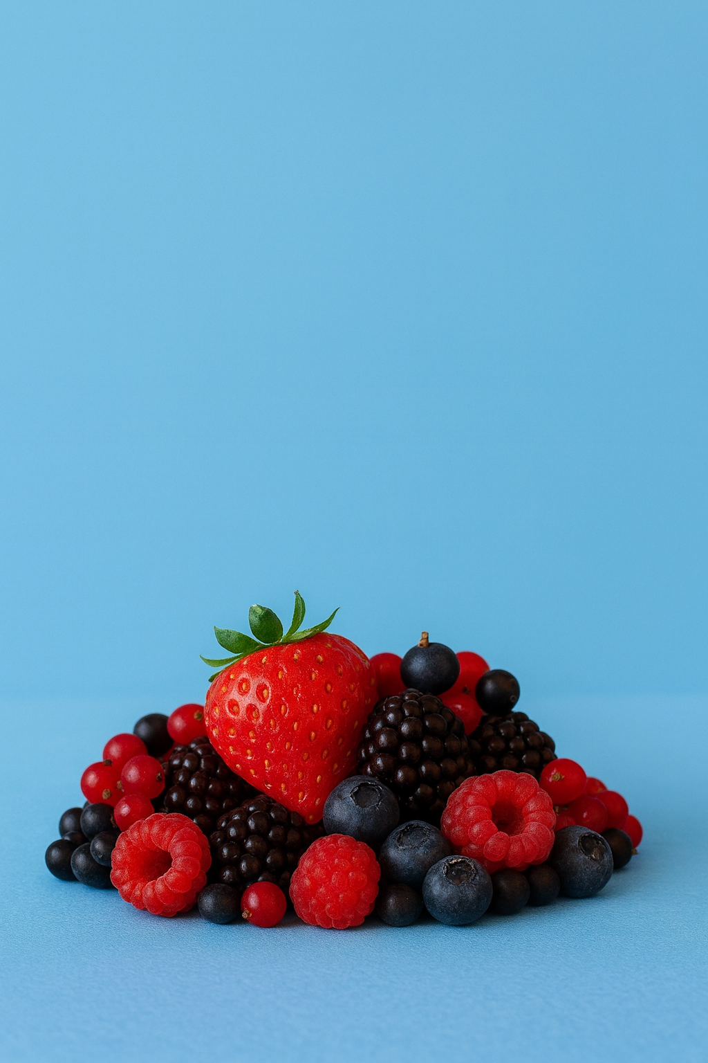 Difusor de aromas Candlys inspirado em frutos do bosque, representado por morangos, framboesas, amoras, mirtilos e groselhas frescas sobre fundo azul.