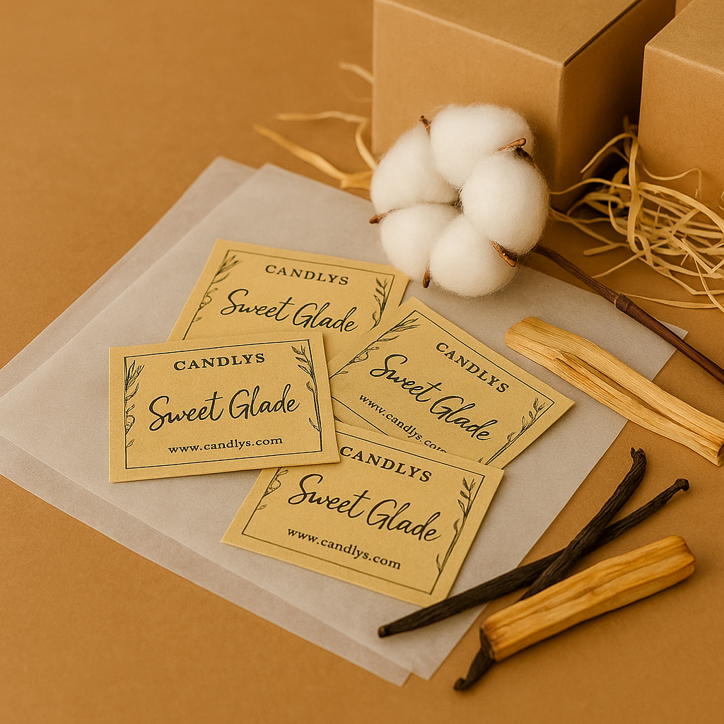 Etiquetas kraft Sweet Glade da Candlys com flor de algodão, pau santo e baunilha sobre papel vegetal e fundo natural.