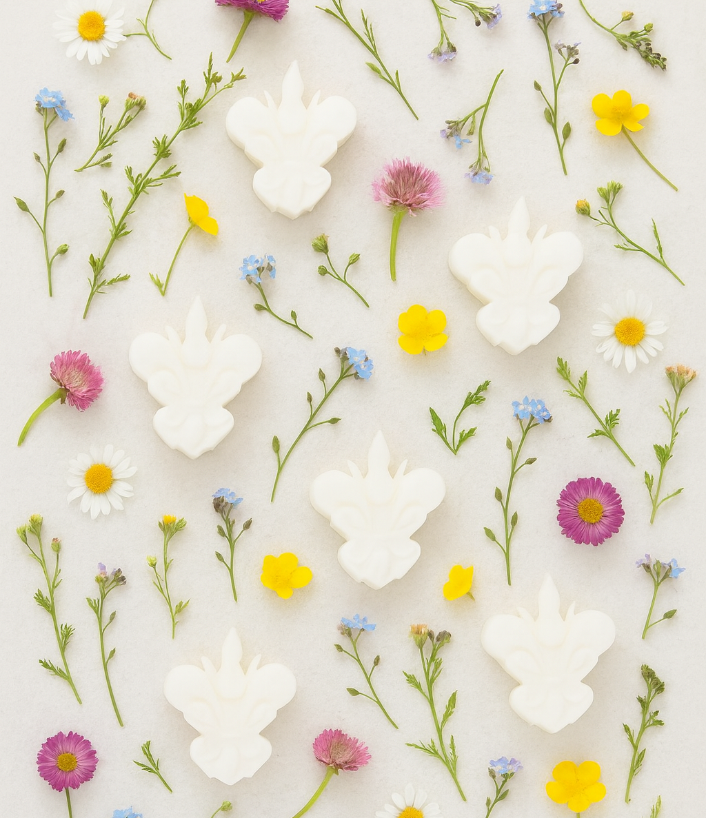 Pack de 6 wax melts brancos em forma de flor-de-lis, da coleção Lanterna – Brides Bouquet, rodeados por flores do campo coloridas num cenário clean e natural.