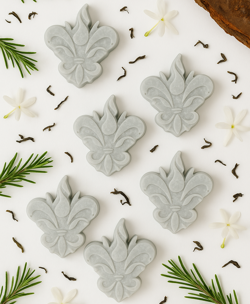 Seis wax melts em forma de flor-de-lis, cor verde seco, dispostos num cenário clean com fundo branco, entre folhas de chá verde, flores de jasmim e ramos de cedro — pack Camellia Sativus da Coleção Lanterna da Candlys.