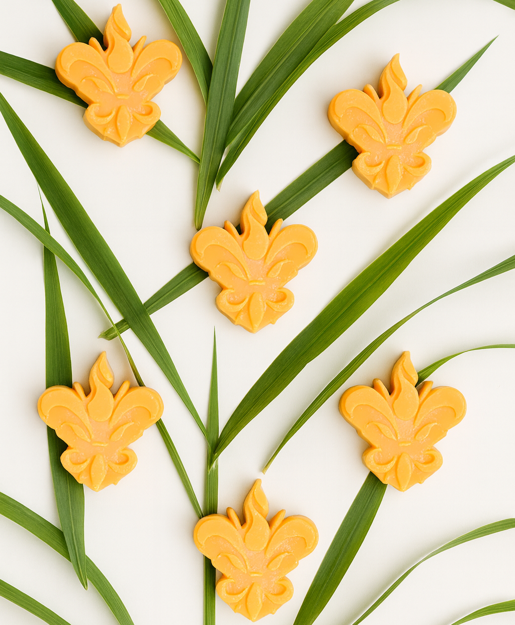 Pack de 6 wax melts da Coleção Lanterna da Candlys, em tom alaranjado, dispostos num cenário clean com folhas autênticas de citronela longas e arqueadas, sobre fundo branco.