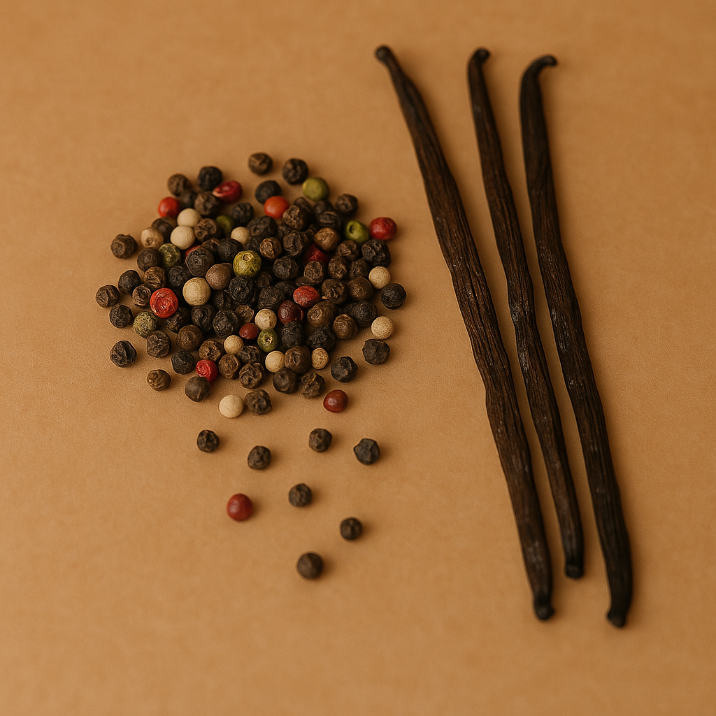 Wax melts Baunilha & Especiarias representados por grãos de pimenta coloridos e vagens de baunilha sobre fundo bege, evocando um aroma quente e envolvente.