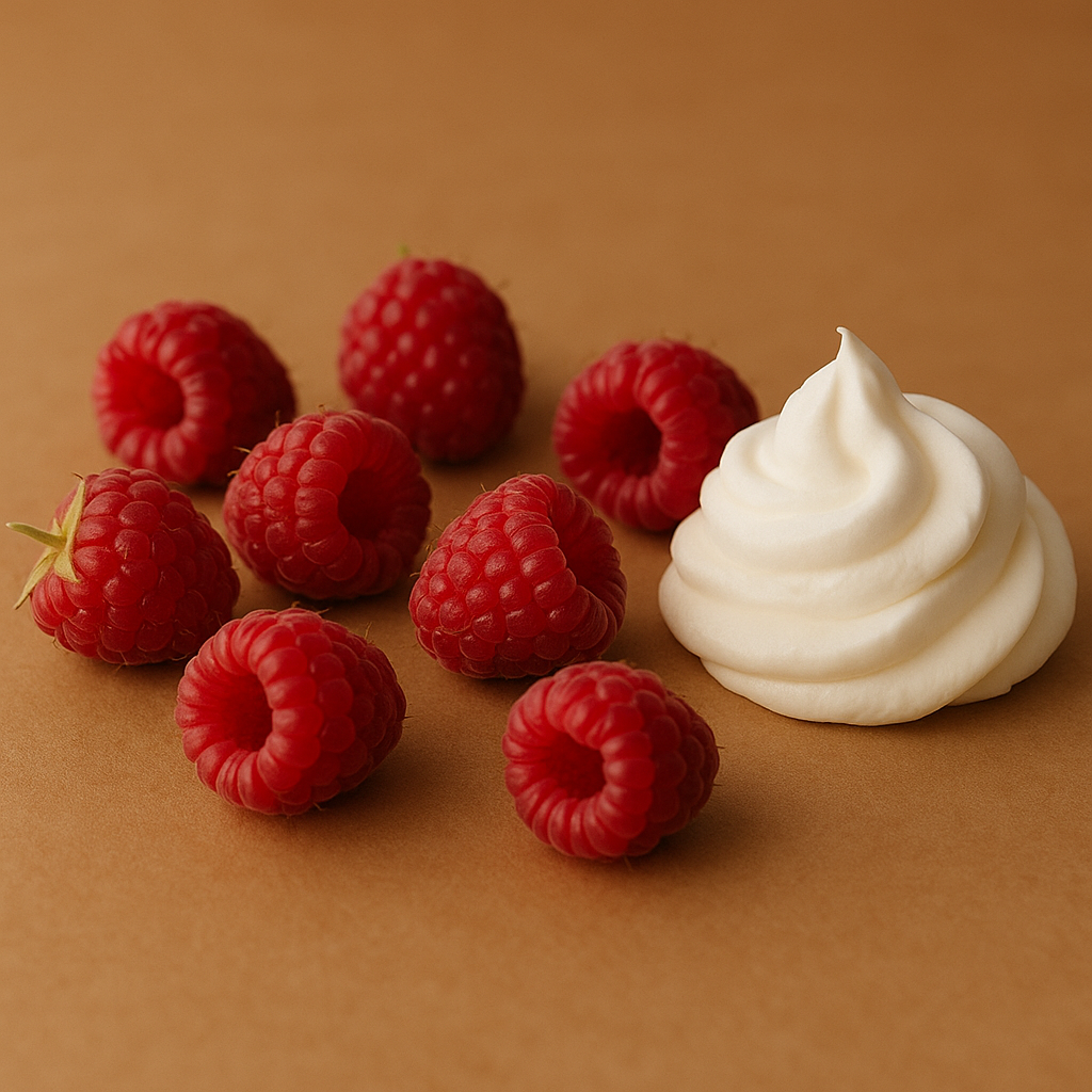 Wax melts Framboesa & Chantilly representados por framboesas frescas e chantilly cremoso sobre fundo bege, evocando um aroma doce e frutado.